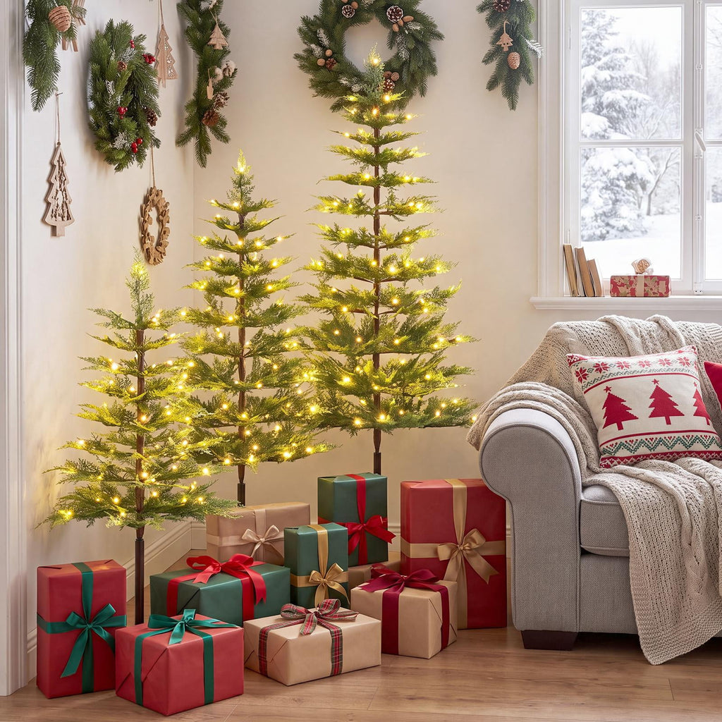 Costway Pre-Lit Christmas Tree Set of 3 Slim Artificial Lighted Xmas Decoration 3/4/5 FT