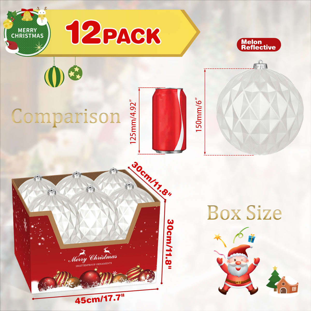 12PK 6" Shatterproof Christmas Ball Ornaments, Solid White Festive Xmas Decor, Classic Tree Ornaments for Holiday Celebration