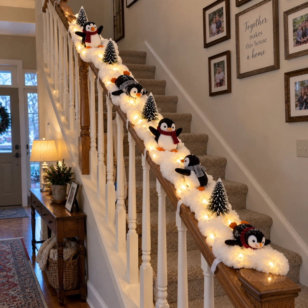 5Pack Penguin Christmas Stair Snow Decor Set,Festive Railing Accent with Playful Winter Scene,