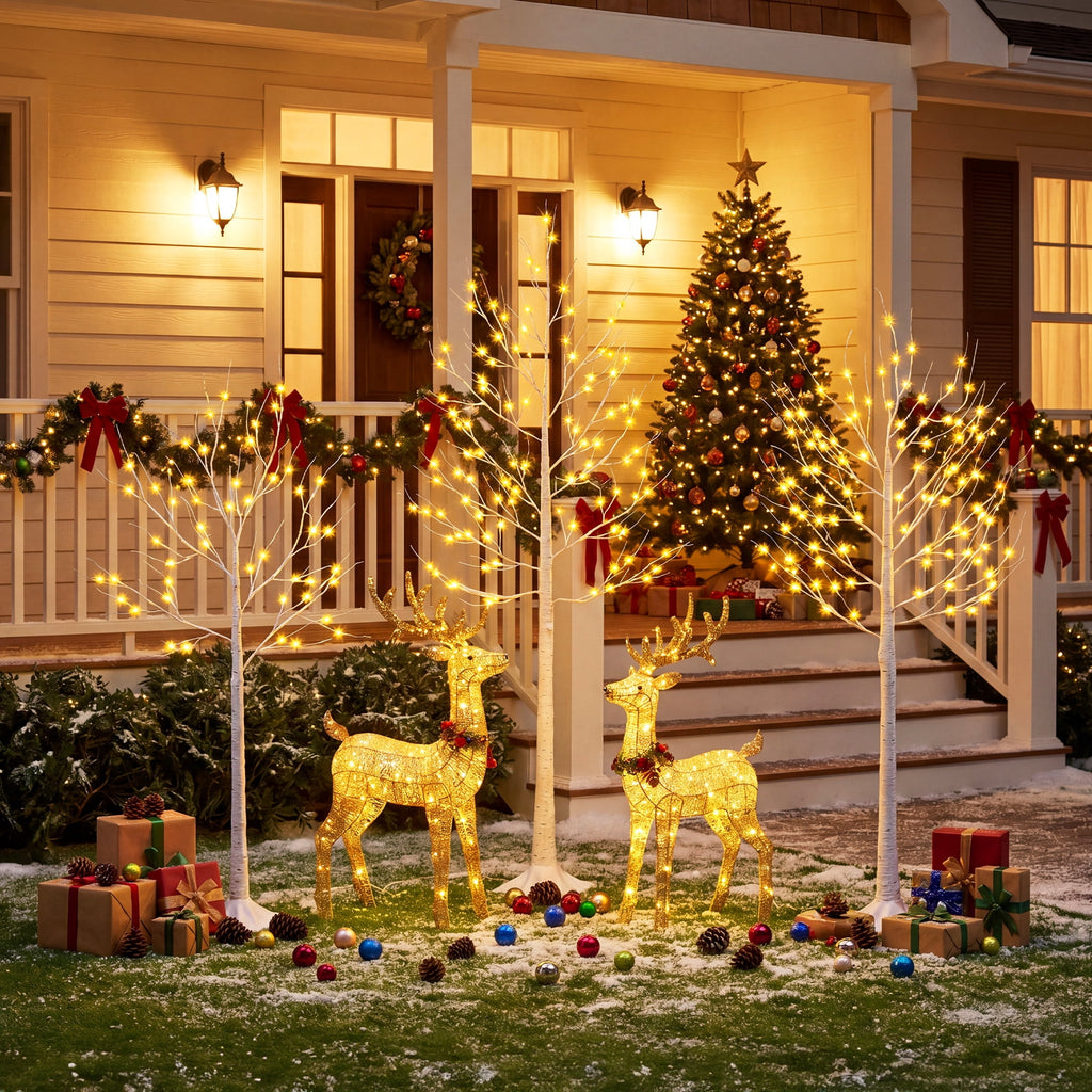 DR.Planzen LED Birch Tree Light Set - 4ft, 6ft, 8ft Artificial Pre-lit Trees - with Plug-in Warm Lights - Indoor Outdoor Christmas Holiday Wedding Decor for Home Party (3-Pack)