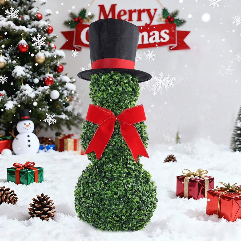 Christmas Snowman Topiary, Artificial Snowman Shaped Boxwood Tree with Santa Hat, Topiary for Outdoor Indoor Porch Decor Holiday Home and Garden Styling