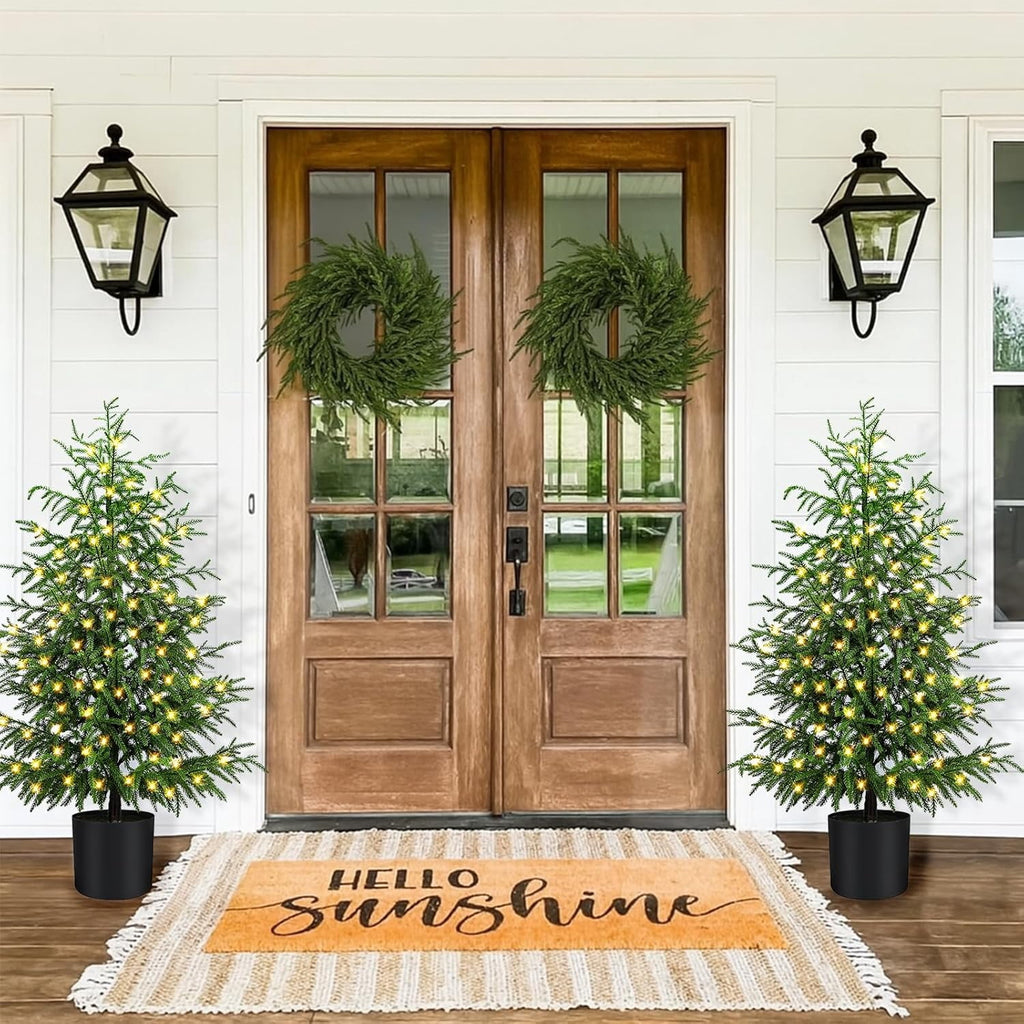 2 Set 4FT Lifelike Touch Artificial Cedar Topiary Trees for Front Porch | Fake Christmas Trees, Faux Potted Plants, UV Resistant Fake Greenery, for Front Door Garden Outdoor Farmhouse Home Decoration
