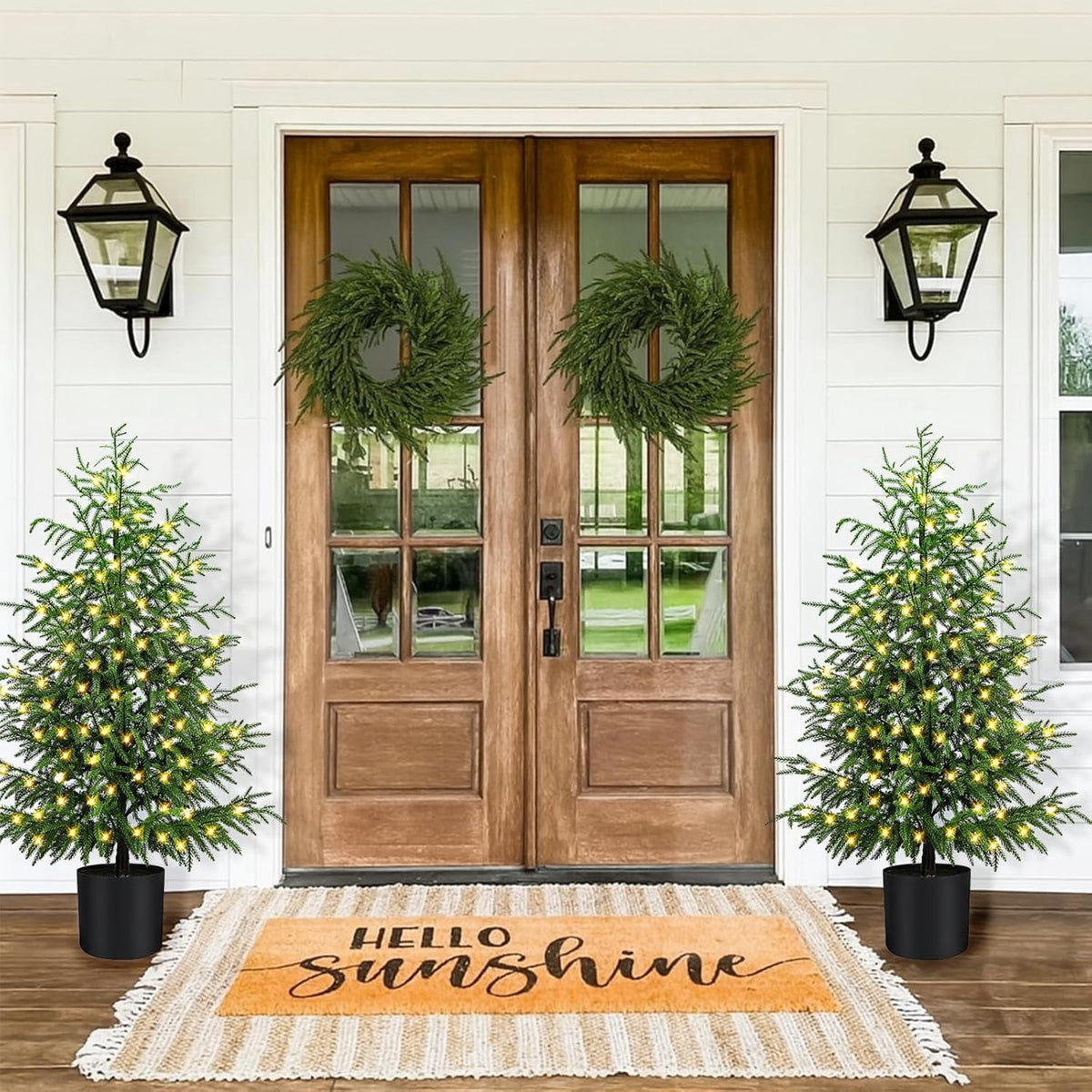 2 Set 4FT Lifelike Touch Artificial Cedar Topiary Trees for Front Porch | Fake Christmas Trees, Faux Potted Plants, UV Resistant Fake Greenery, for Front Door Garden Outdoor Farmhouse Home Decoration