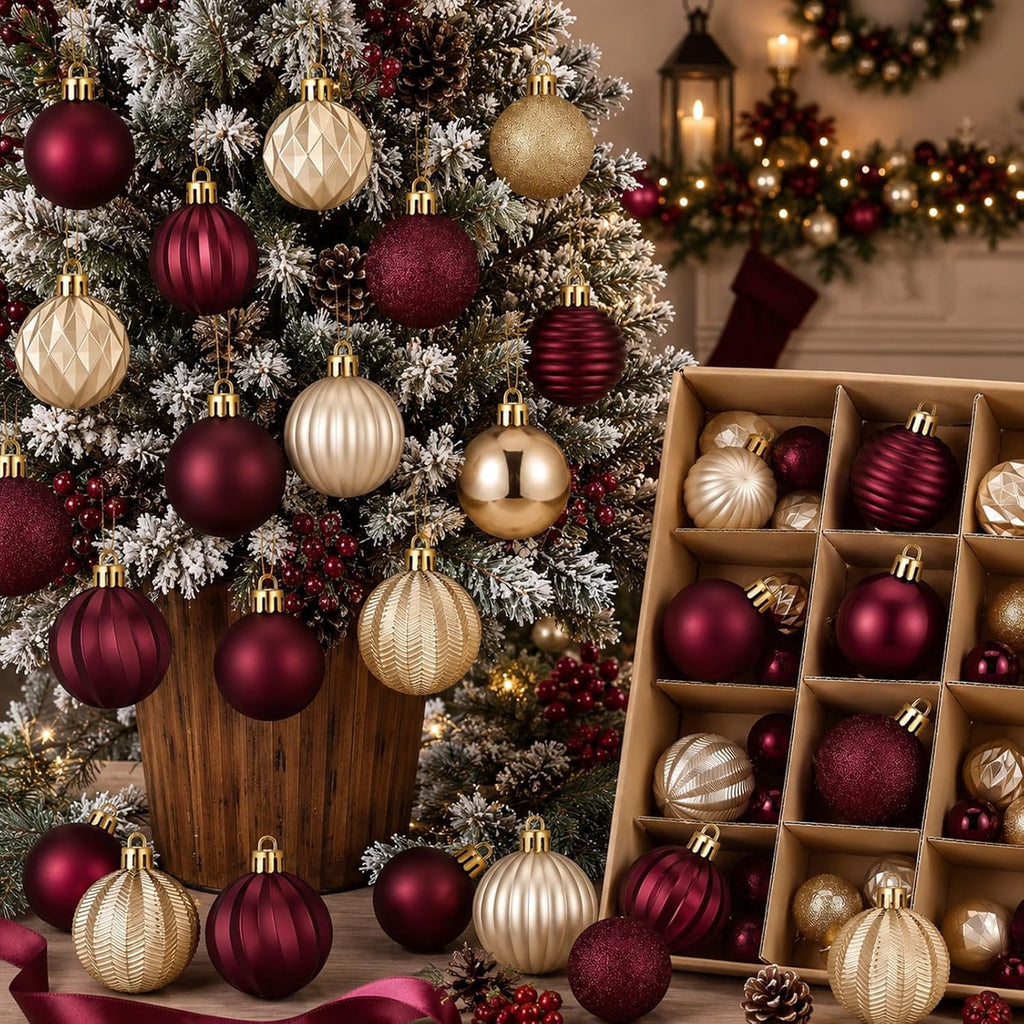 64 Pack Burgundy Gold Hanging Baubles, 1.57 / 1.97 / 2.36 Inch Christmas Tree Decor Balls