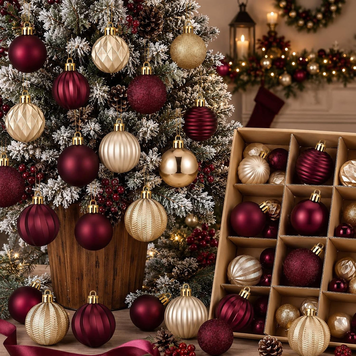64 Pack Burgundy Gold Hanging Baubles, 1.57 / 1.97 / 2.36 Inch Christmas Tree Decor Balls