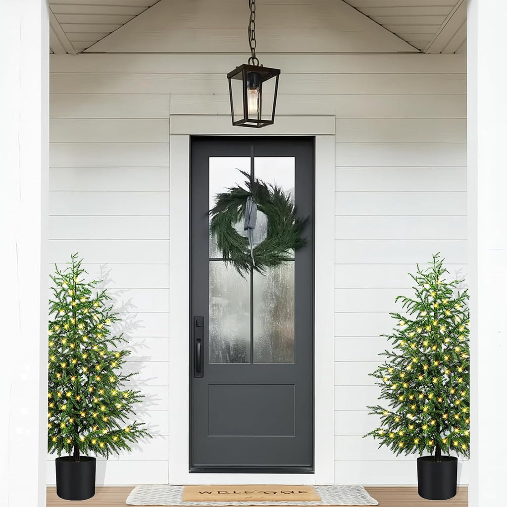 2 Set 4FT Lifelike Touch Artificial Cedar Topiary Trees for Front Porch | Fake Christmas Trees, Faux Potted Plants, UV Resistant Fake Greenery, for Front Door Garden Outdoor Farmhouse Home Decoration