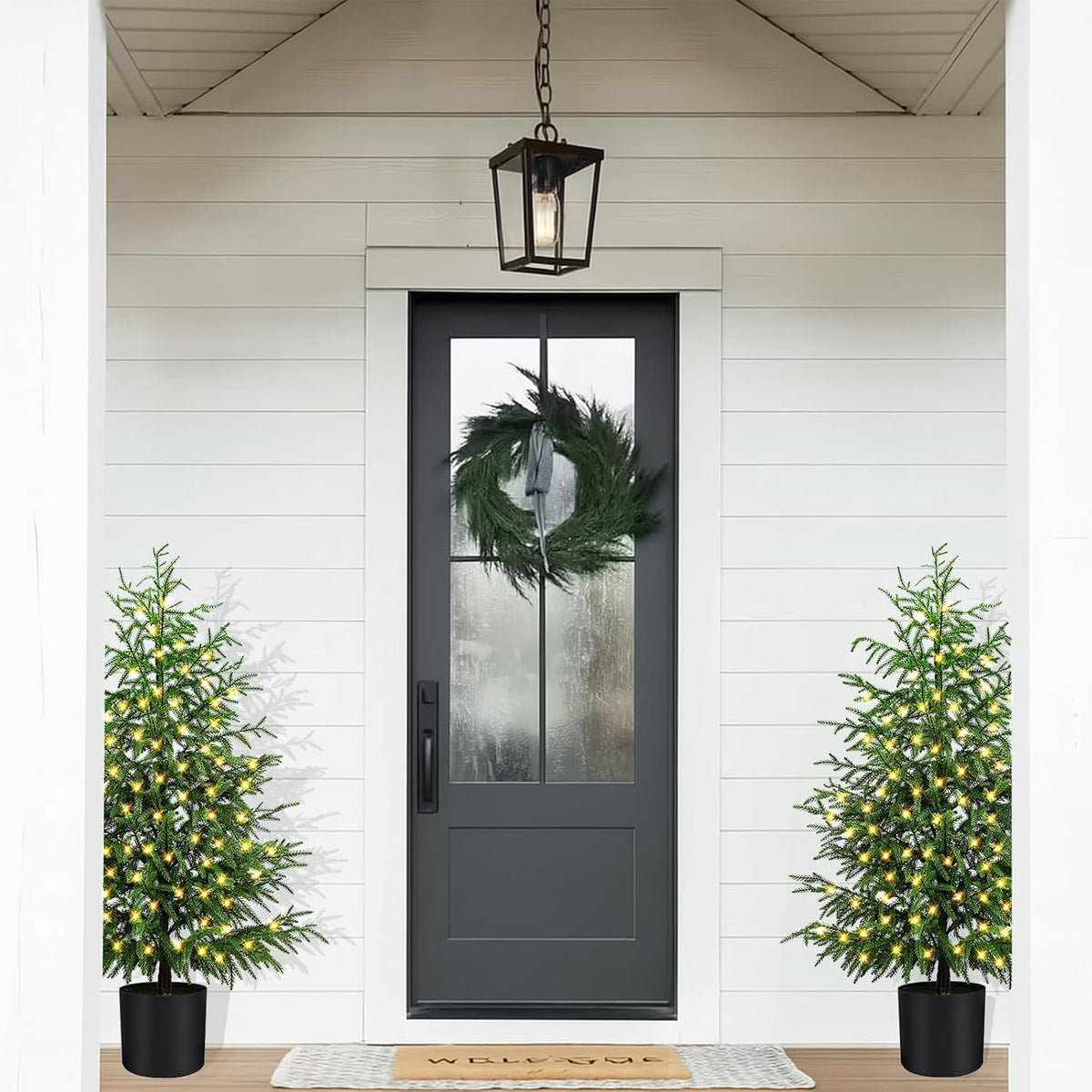 2 Set 4FT Lifelike Touch Artificial Cedar Topiary Trees for Front Porch | Fake Christmas Trees, Faux Potted Plants, UV Resistant Fake Greenery, for Front Door Garden Outdoor Farmhouse Home Decoration