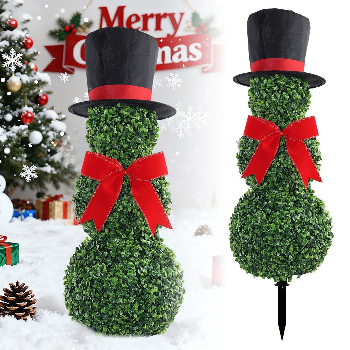 Christmas Snowman Topiary, Artificial Snowman Shaped Boxwood Tree with Santa Hat, Topiary for Outdoor Indoor Porch Decor Holiday Home and Garden Styling