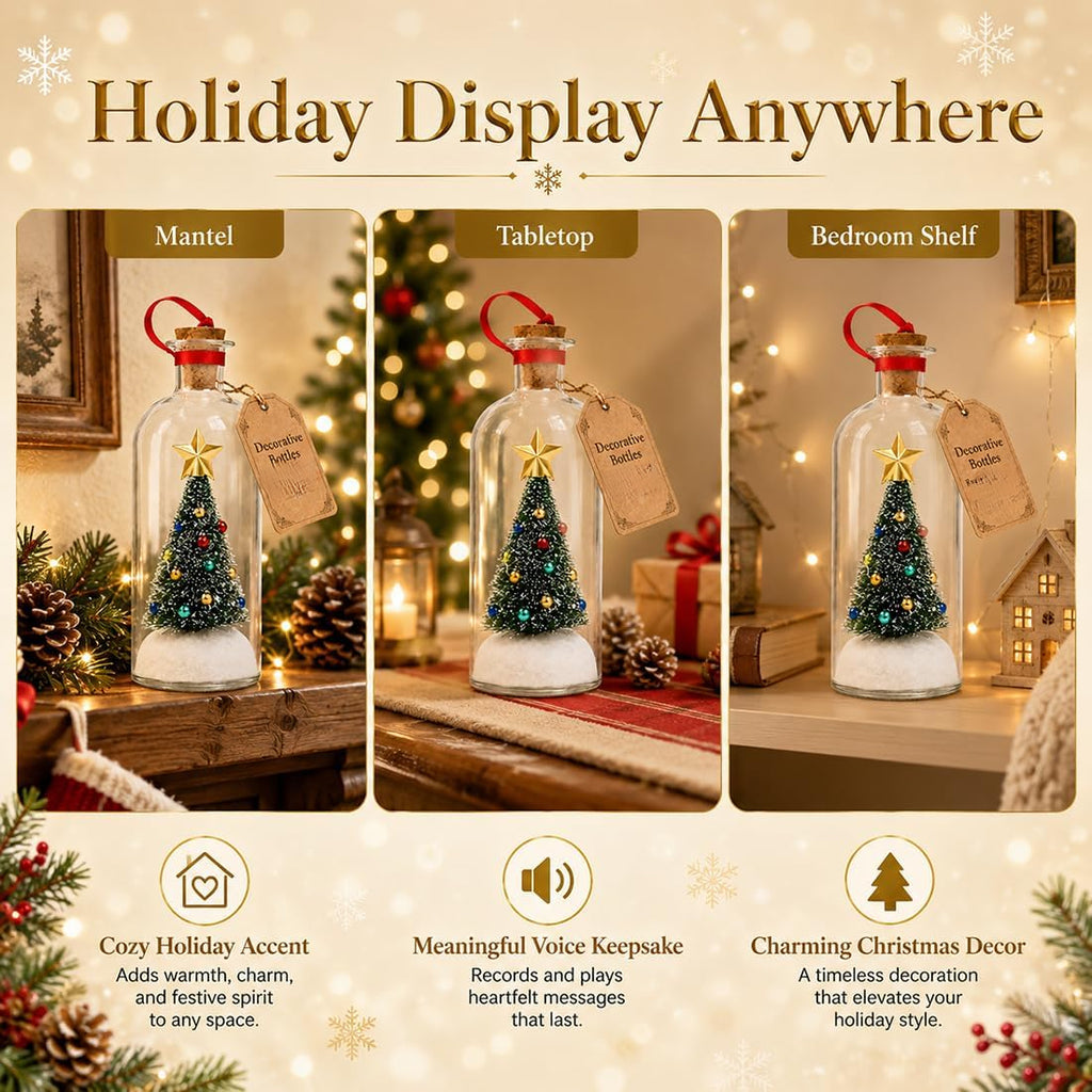 3-Piece Recordable Christmas Tree in a Bottle Ornaments, Glass Holiday Decorations with Snowy Mini Trees and 30-Second Voice Recording, Christmas Mantel Decor