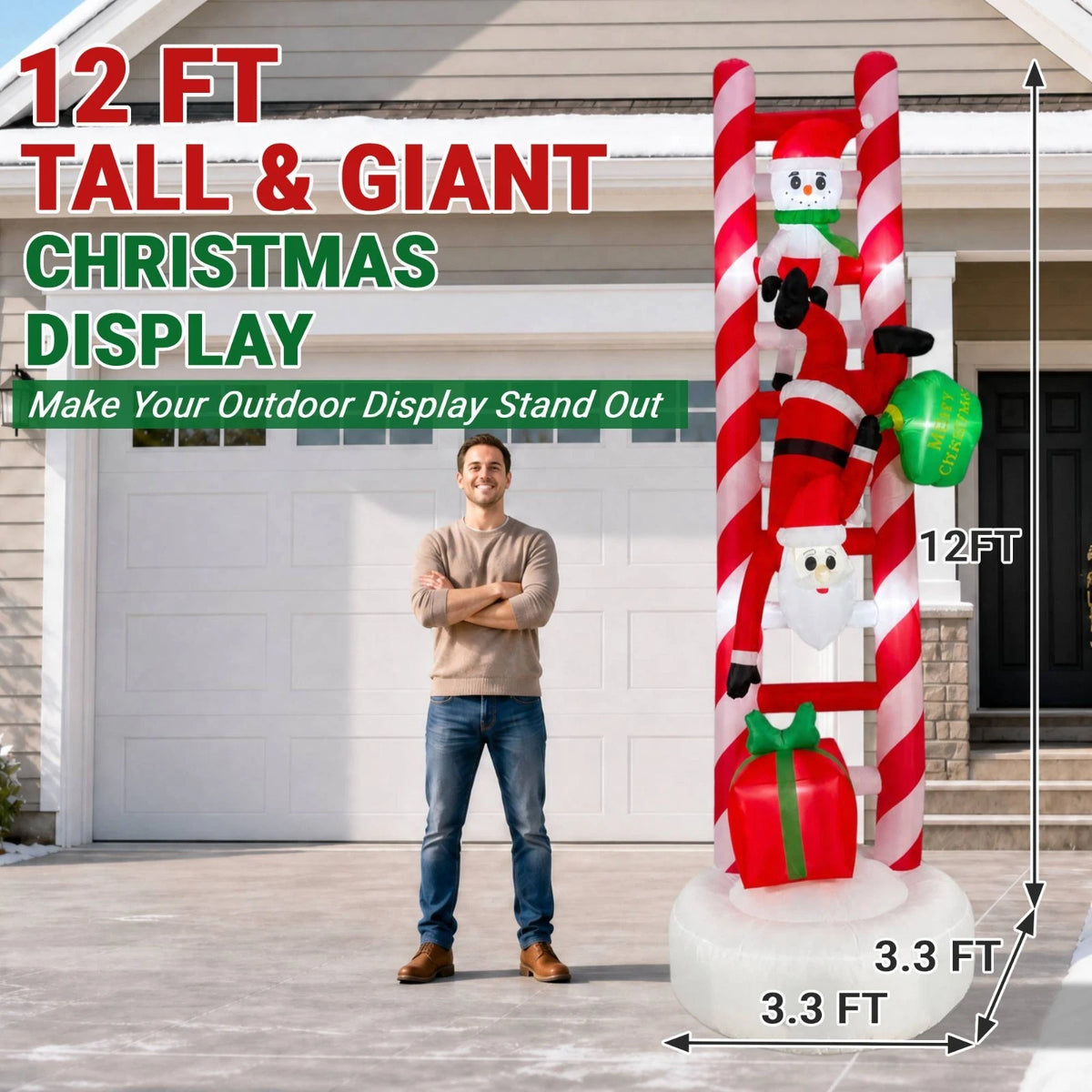 12FT Giant Christmas Inflatables Outdoor Decorations, Giant Christmas Blow up Ladder Built in LED Lights, Xmas Inflatable Decor Holiday Party Yard Garden Lawn