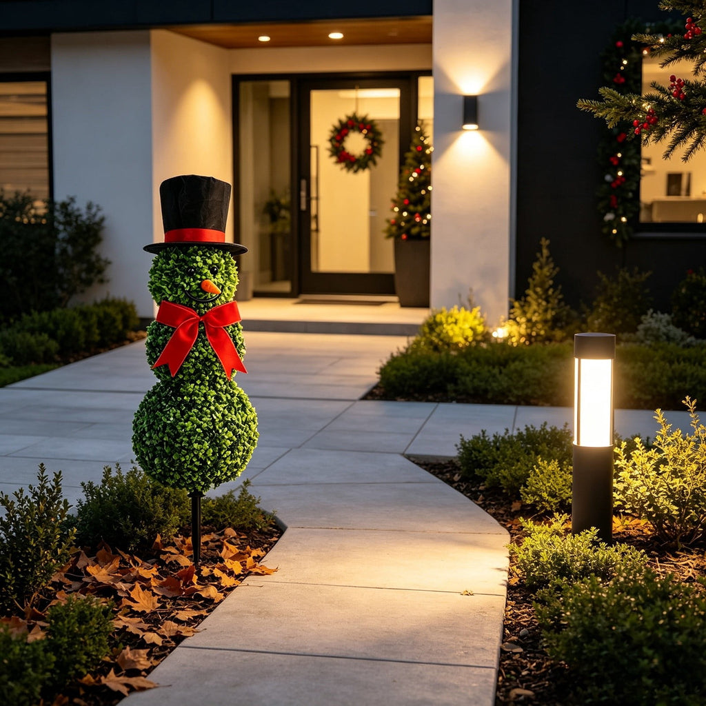 Christmas Snowman Topiary, Artificial Snowman Shaped Boxwood Tree with Santa Hat, Topiary for Outdoor Indoor Porch Decor Holiday Home and Garden Styling