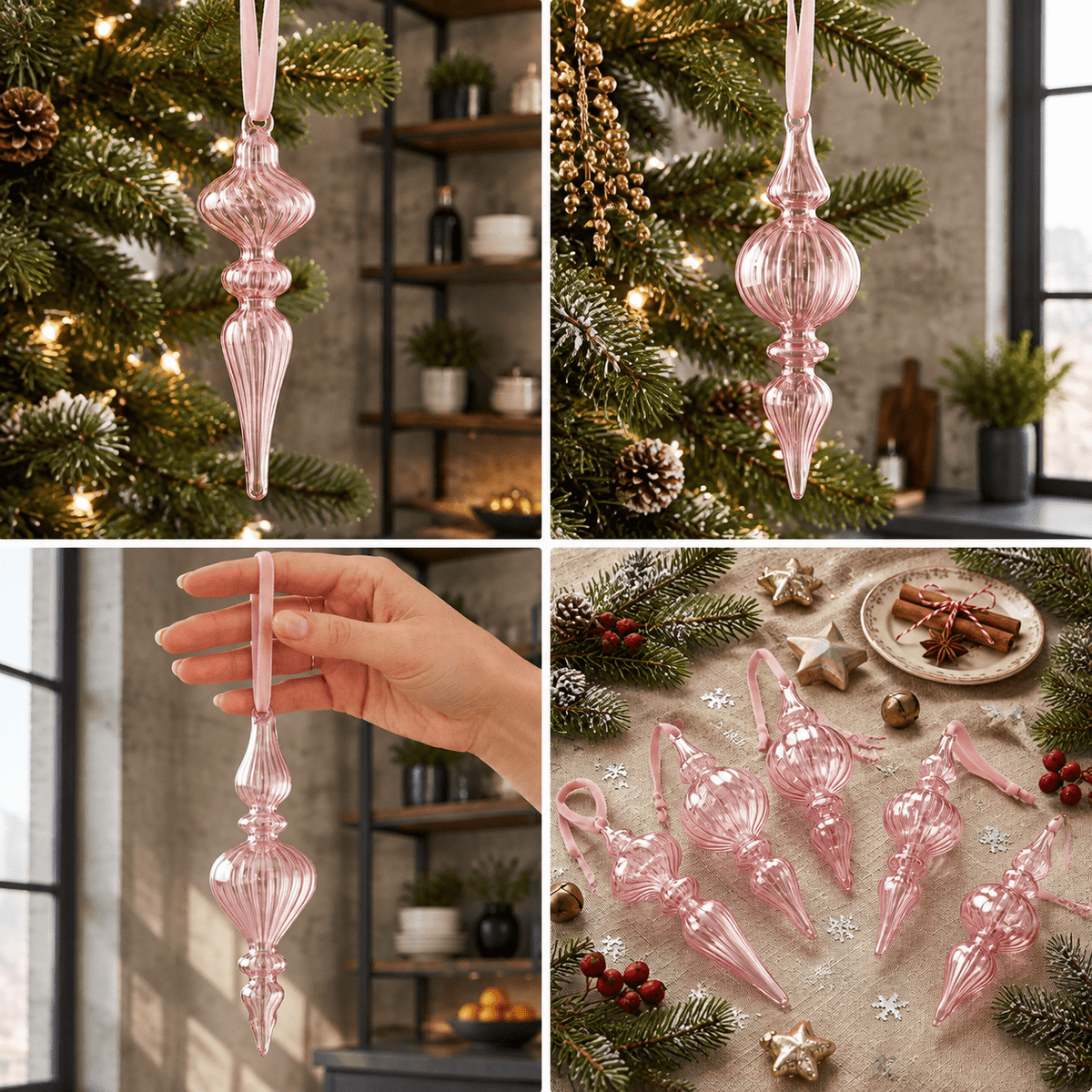 12 Burgundy Red Hand Blown Glass Finial Christmas Ornament Set