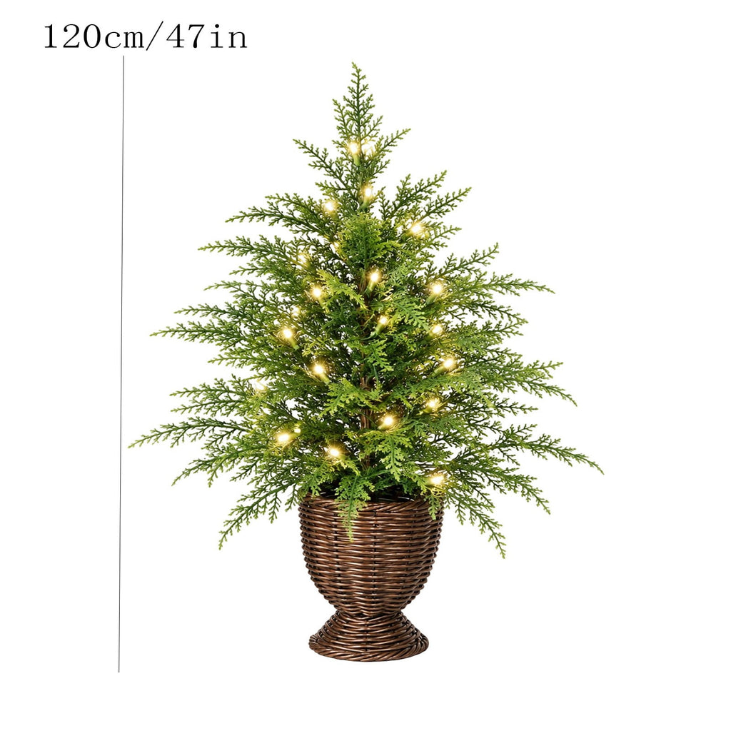 Potted Christmas Tree, 47 Inch Artificial Spruce With Woven Basket And Warm White LED Lights, For Entryway, Living Room, Porch - Style 1 - 47 Inch