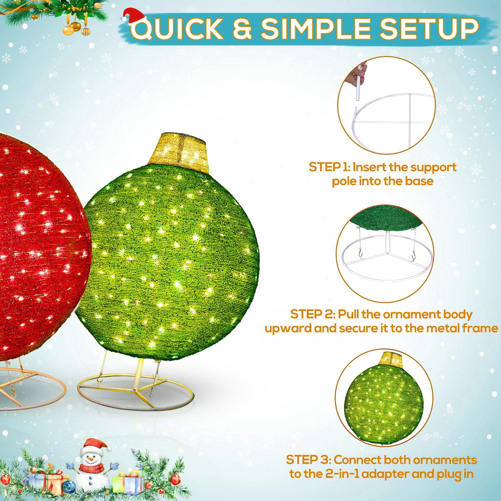 ROMSWI 2pc Iron Christmas Ornament Decoration Pop-up Hanging for Xmas Outdoor Holiday w/230 LED Light Assorted Colors - 30" & 24" Set