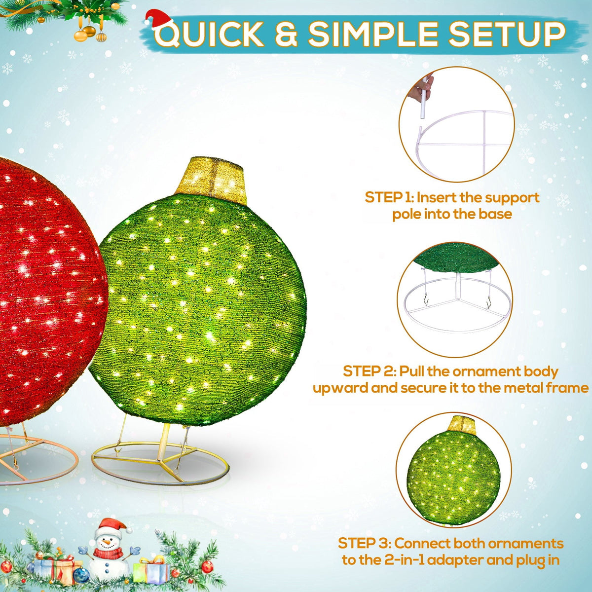 ROMSWI 2pc Iron Christmas Ornament Decoration Pop-up Hanging for Xmas Outdoor Holiday w/230 LED Light Assorted Colors - 30" & 24" Set