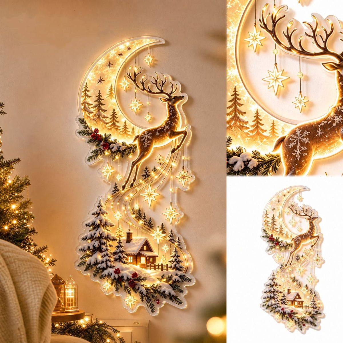 Christmas Staircase Banister Decor Set of 5 Lighted Santa Snow Scene Garland for Stair Railing Indoor Seasonal Home Ornament