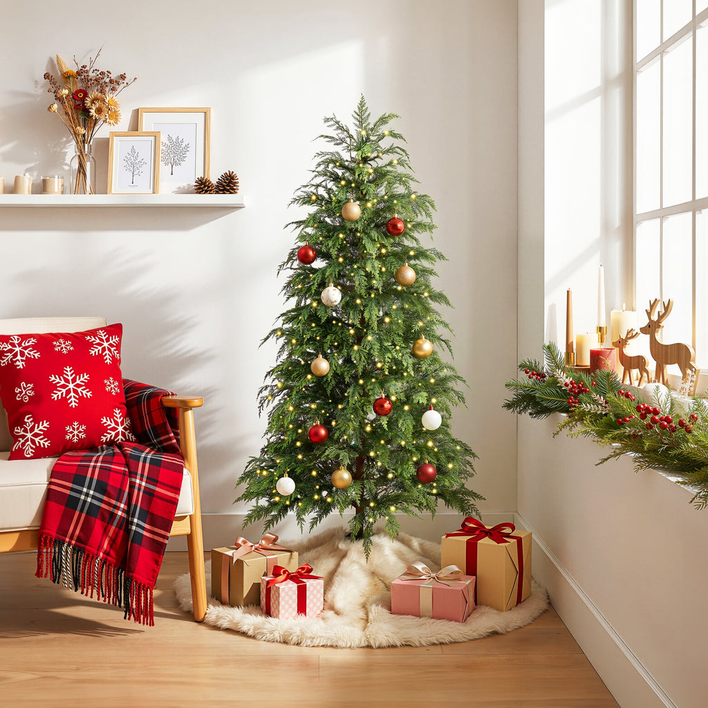 DR.Planzen 6' Pre-Lit Green Cypress Artificial Christmas Tree with 350 Warm White Twinkle LED Lights, Full-Bodied Xmas Tree with Metal Stand, Indoor Holiday Decoration
