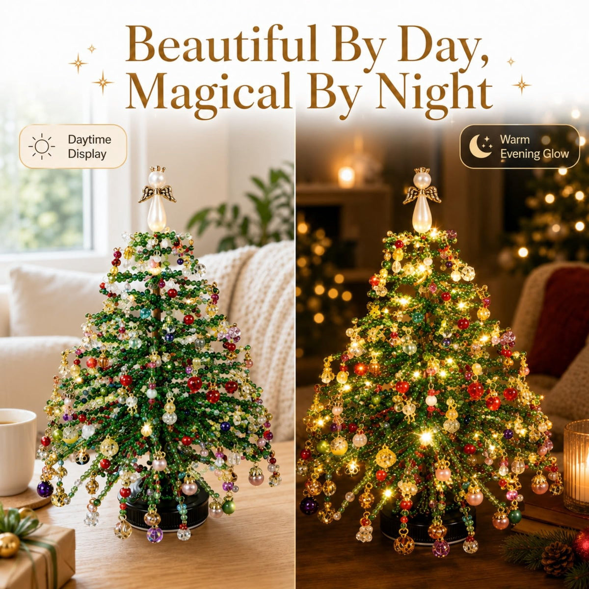 HIJUNE DIY Beaded Christmas Tree Kit, Crystal Holiday Craft Set for Adults, Colorful Beads, Ornament Charms, Metal Frame, Angel Topper, Warm Glow Display, Tabletop Decor