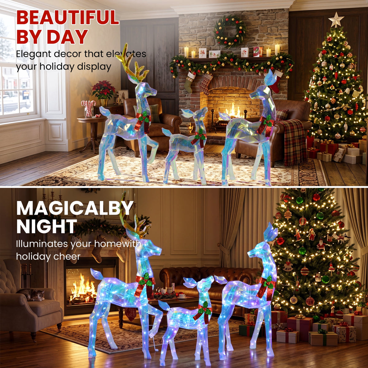 48" 3-Piece 2.5D Colorful Lighted Christmas Deer Family Outdoor Decorations, Clear-Look Reindeer Set with 145 Lights, Gold Antlers, Stakes and Zip Ties for Yard Lawn Porch Garden Holiday Decor