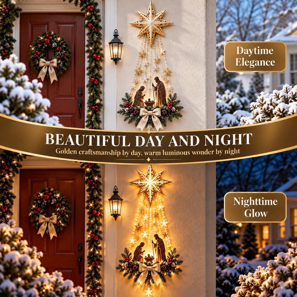 Christmas Decor,Lighted Nativity Bethlehem Star Wall Decor – Warm LED Star Lights, Gold, Indoor & Outdoor Christmas Wall Hanging