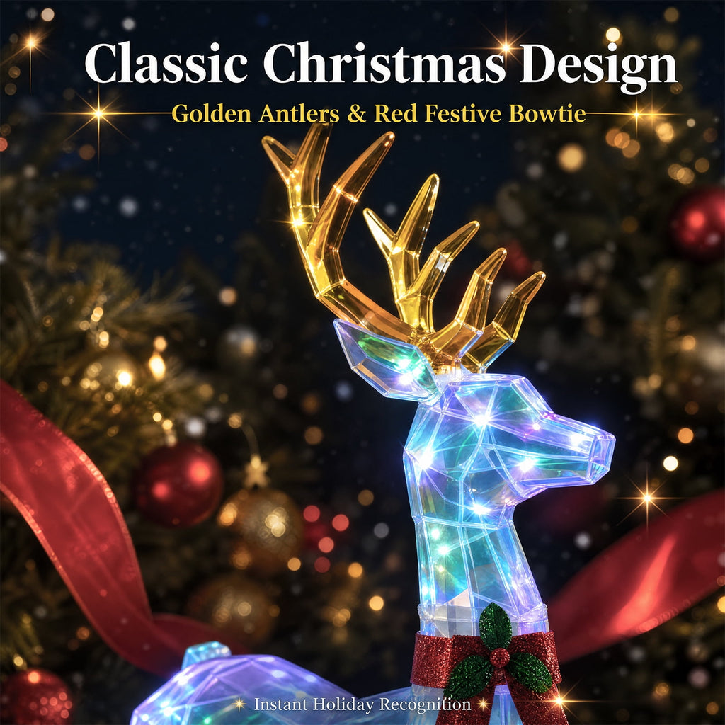 48" 3-Piece 2.5D Colorful Lighted Christmas Deer Family Outdoor Decorations, Clear-Look Reindeer Set with 145 Lights, Gold Antlers, Stakes and Zip Ties for Yard Lawn Porch Garden Holiday Decor