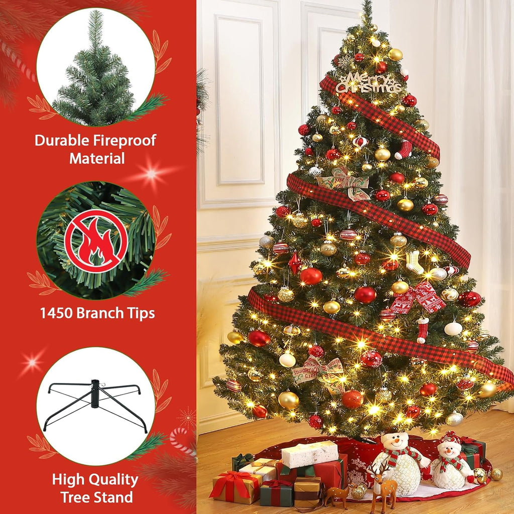 7.5ft Full PE Branch Artificial Spruce Christmas Tree, Hinged Sections Foldable Metal Base Holiday Decor