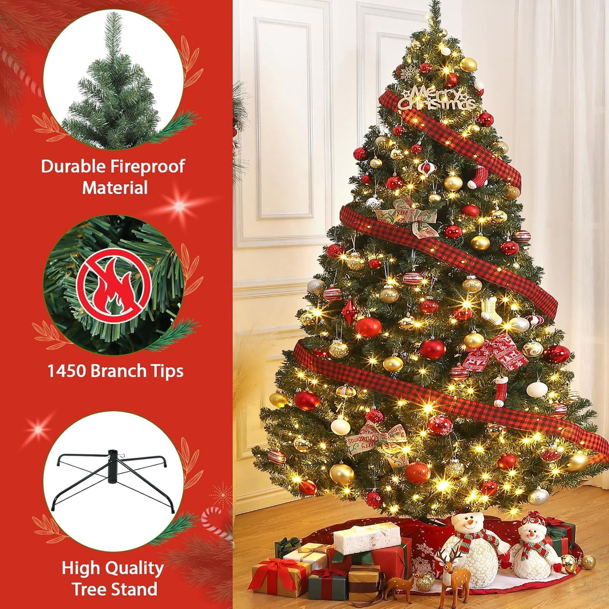 7.5ft Full PE Branch Artificial Spruce Christmas Tree, Hinged Sections Foldable Metal Base Holiday Decor