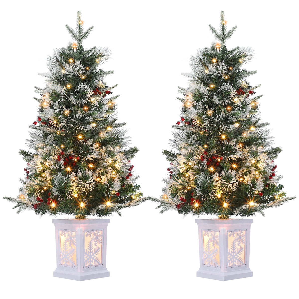 Flarhetoric 3FT Pre-Lit Snow Flocked Artificial Christmas Tree, 78 Warm White LEDs, 8 Lighting Modes, Red Berries, Easy Assembly, Tabletop Xmas Tree for Desk or Table Holiday Decor, Linen Base