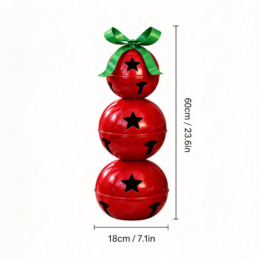 Stacked Christmas Bells, 23.6 Inch 3-Tier Red Metal Bell Decoration with Star Cutouts and Green Bow, Large Christmas Porch Decor for Mantel Entryway Holiday Display