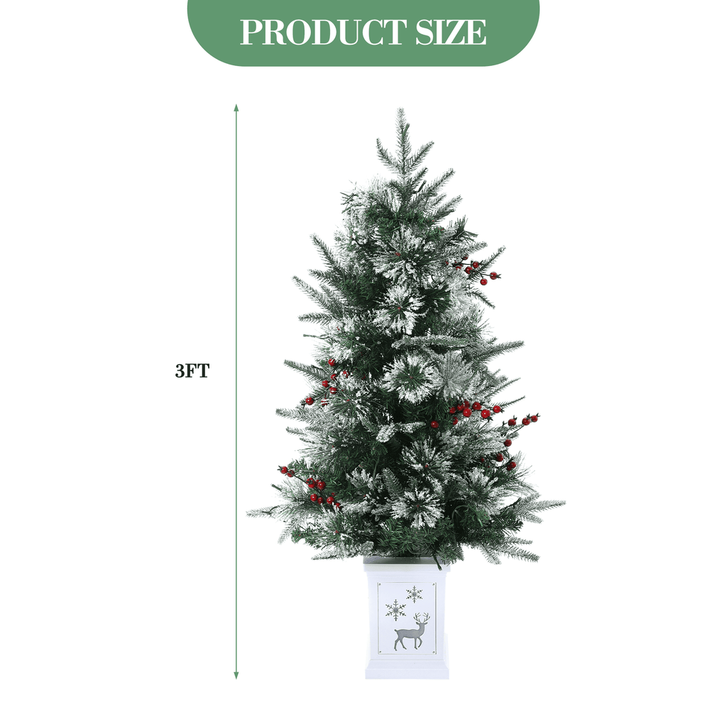 Flarhetoric 3FT Pre-Lit Snow Flocked Artificial Christmas Tree, 78 Warm White LEDs, 8 Lighting Modes, Red Berries, Easy Assembly, Tabletop Xmas Tree for Desk or Table Holiday Decor, Linen Base