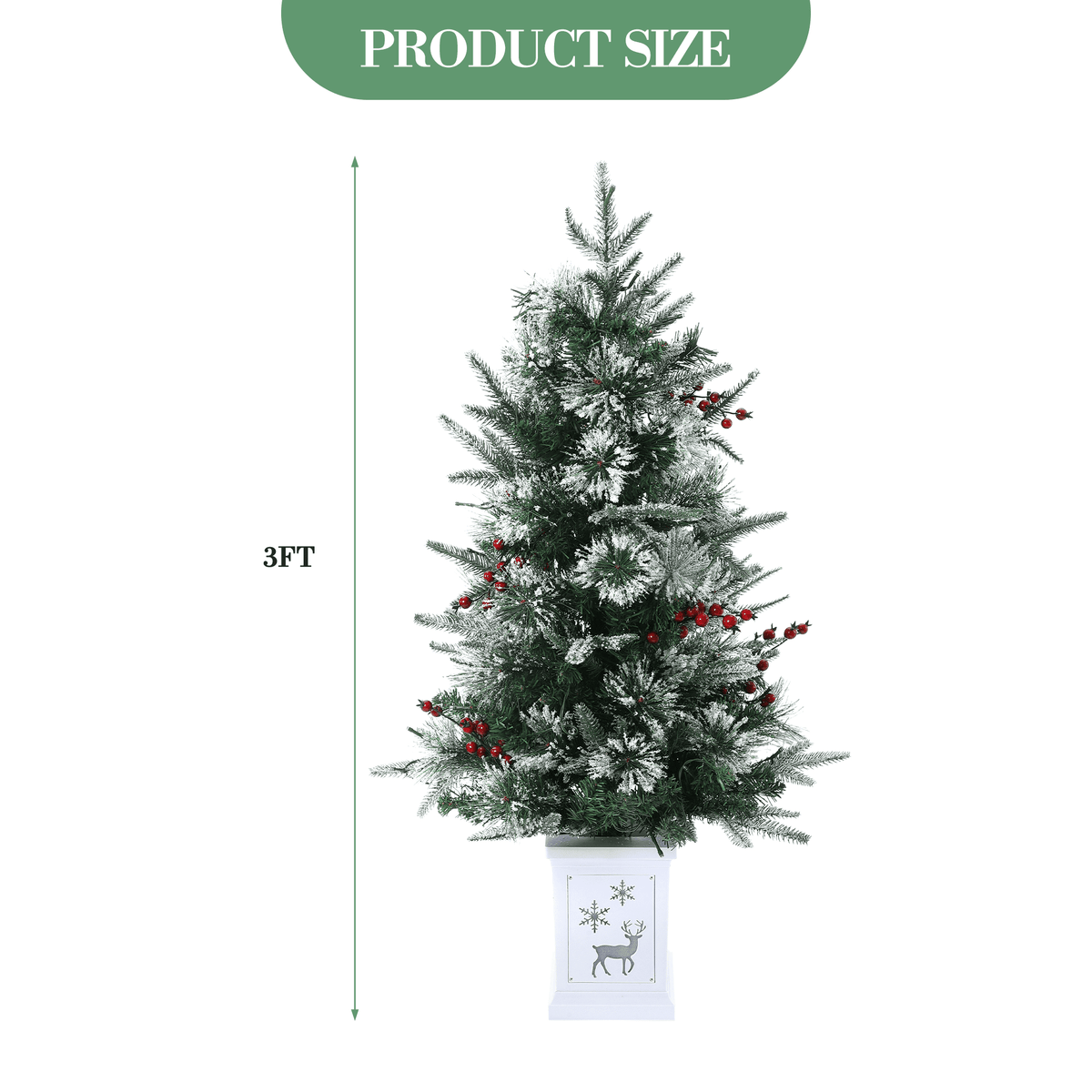 Flarhetoric 3FT Pre-Lit Snow Flocked Artificial Christmas Tree, 78 Warm White LEDs, 8 Lighting Modes, Red Berries, Easy Assembly, Tabletop Xmas Tree for Desk or Table Holiday Decor, Linen Base