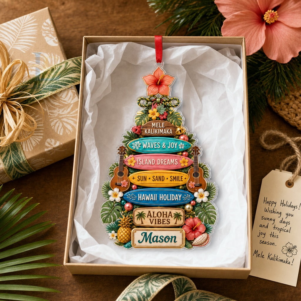 Christmas Ornament Acrylic Personalized Hawaii Style Tree Hanging Gift for Tropical Holiday Decor