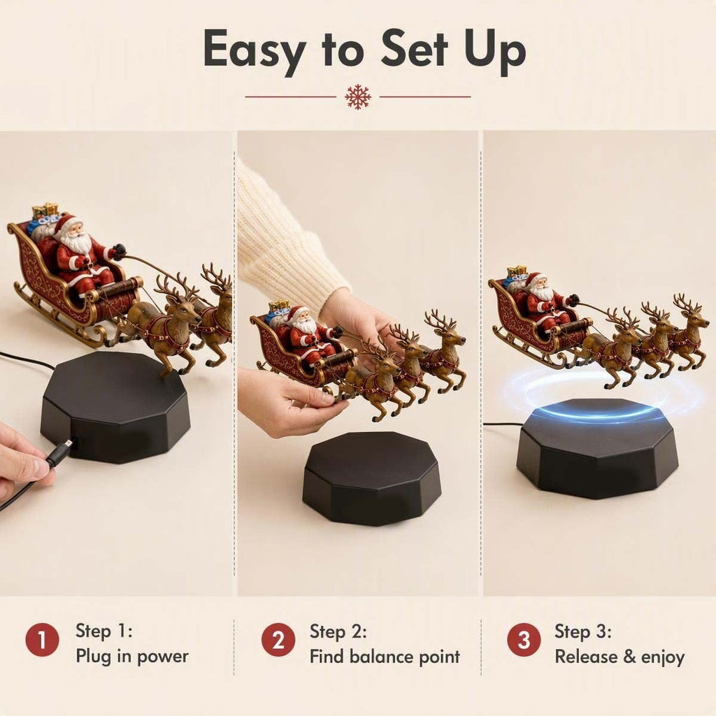 Floating Santa Sleigh,Magnetic Levitation Santa's Flying Sleigh Ornament, Santa's Flying Sleigh,Christmas Display with Built‑In Warm LED Lighting for Home,Office,Shelf & Holiday Party