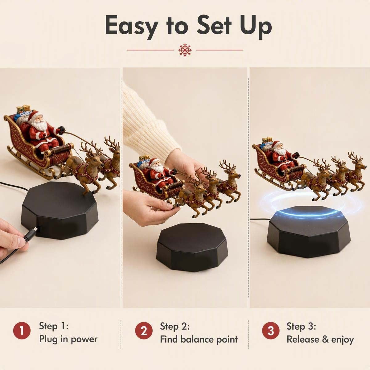 Floating Santa Sleigh,Magnetic Levitation Santa's Flying Sleigh Ornament, Santa's Flying Sleigh,Christmas Display with Built‑In Warm LED Lighting for Home,Office,Shelf & Holiday Party