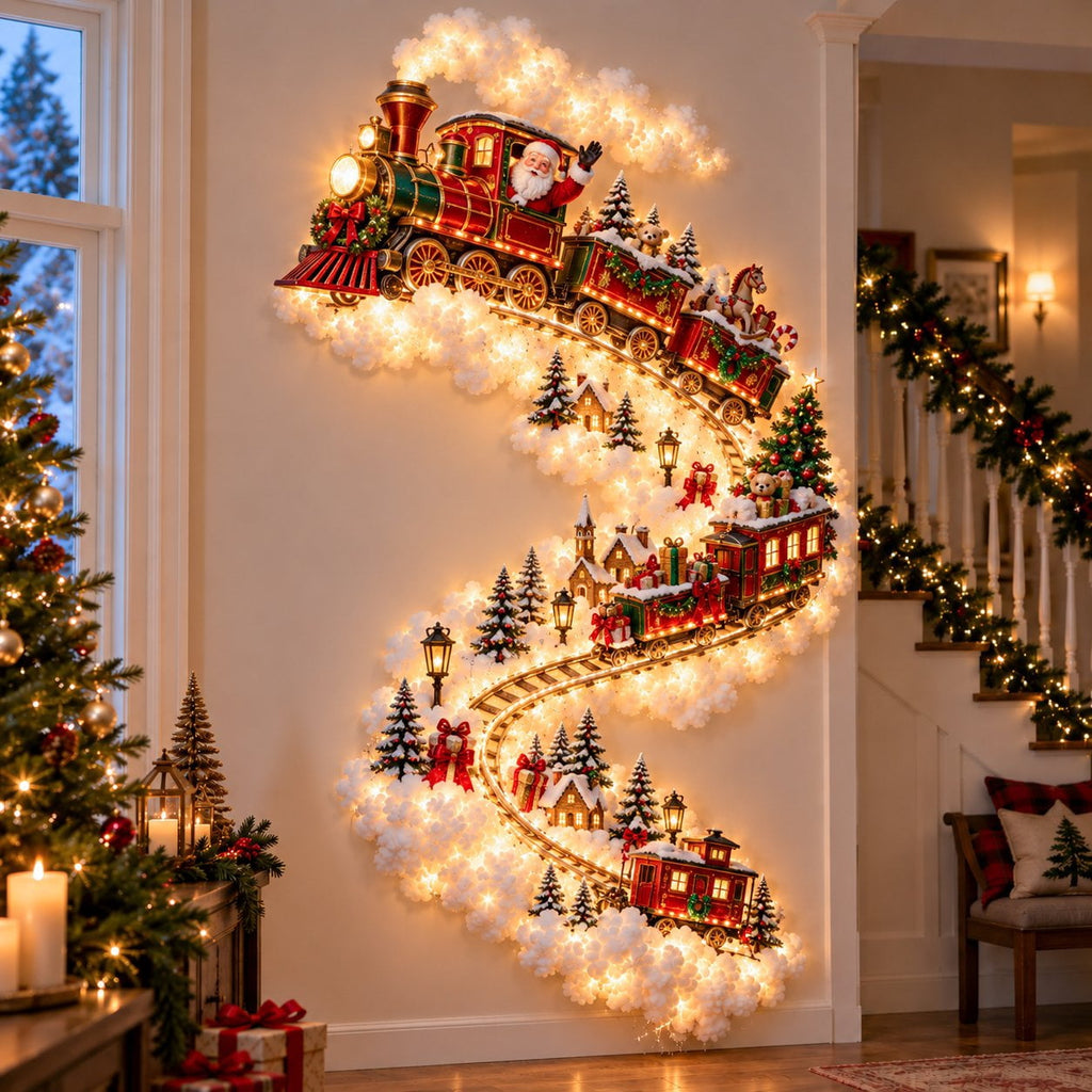 Christmas Staircase Banister Decor Set of 5 Lighted Santa Snow Scene Garland for Stair Railing Indoor Seasonal Home Ornament