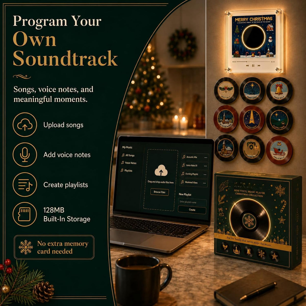 Christmas Music Refrigerator Stickers, Playable Magnetic Discs With Music Player Unit, Interactive Xmas Fridge Decor, Novelty Gift For Family Holiday Gatherings (B)