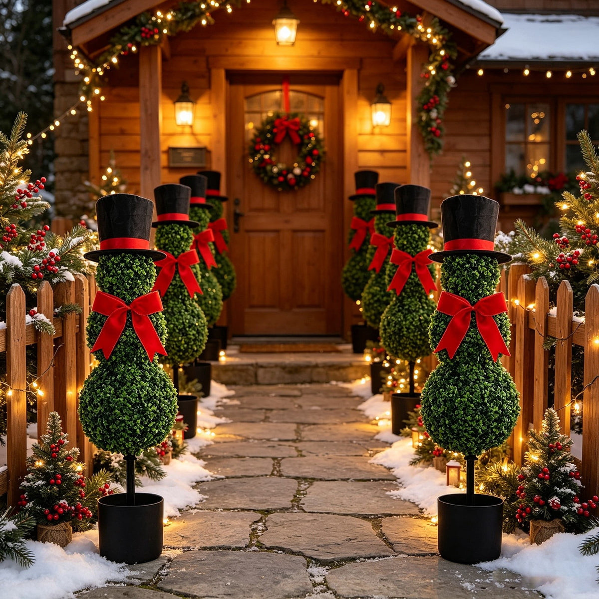 Christmas Snowman Topiary, Artificial Snowman Shaped Boxwood Tree with Santa Hat, Topiary for Outdoor Indoor Porch Decor Holiday Home and Garden Styling