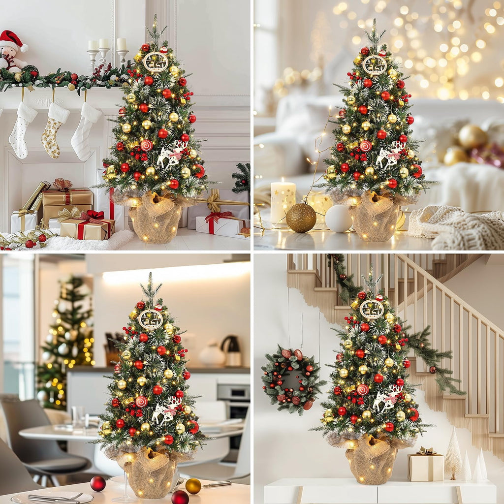 Flarhetoric 3FT Pre-Lit Snow Flocked Artificial Christmas Tree, 78 Warm White LEDs, 8 Lighting Modes, Red Berries, Easy Assembly, Tabletop Xmas Tree for Desk or Table Holiday Decor, Linen Base
