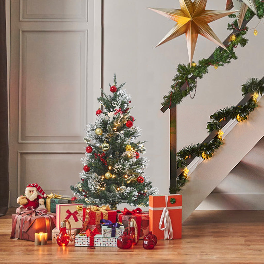 Flarhetoric 3FT Pre-Lit Snow Flocked Artificial Christmas Tree, 78 Warm White LEDs, 8 Lighting Modes, Red Berries, Easy Assembly, Tabletop Xmas Tree for Desk or Table Holiday Decor, Linen Base