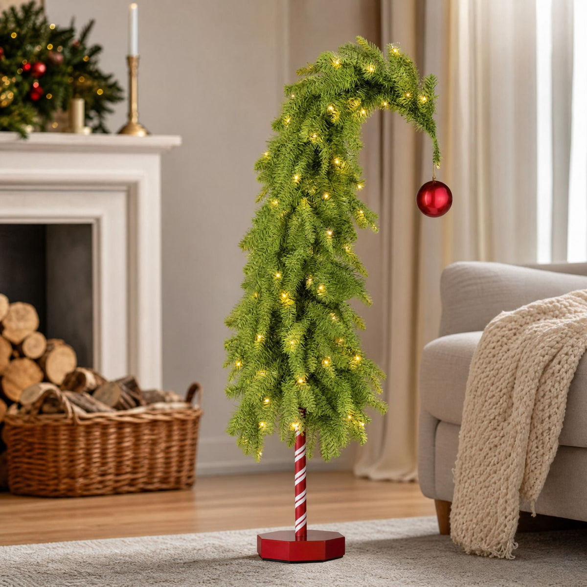 MInHoues 4.5Ft Whimsical Christmas Tree with Lights, Pre‑Lit Warm LED Bent Christmas Tree with Red Ornament, Candy Cane Base Tabletop Holiday Decor, Battery Operated Curved Xmas Tree for Home Party