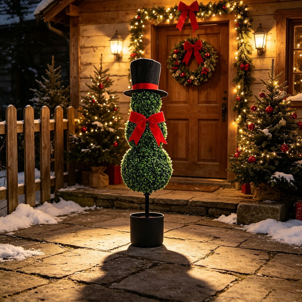 Christmas Snowman Topiary, Artificial Snowman Shaped Boxwood Tree with Santa Hat, Topiary for Outdoor Indoor Porch Decor Holiday Home and Garden Styling