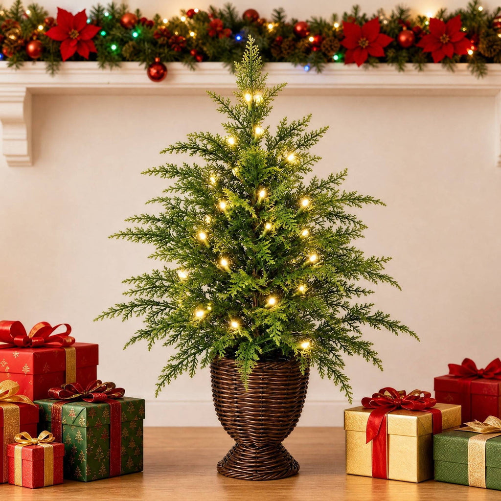 Potted Christmas Tree, 47 Inch Artificial Spruce With Woven Basket And Warm White LED Lights, For Entryway, Living Room, Porch - Style 1 - 47 Inch