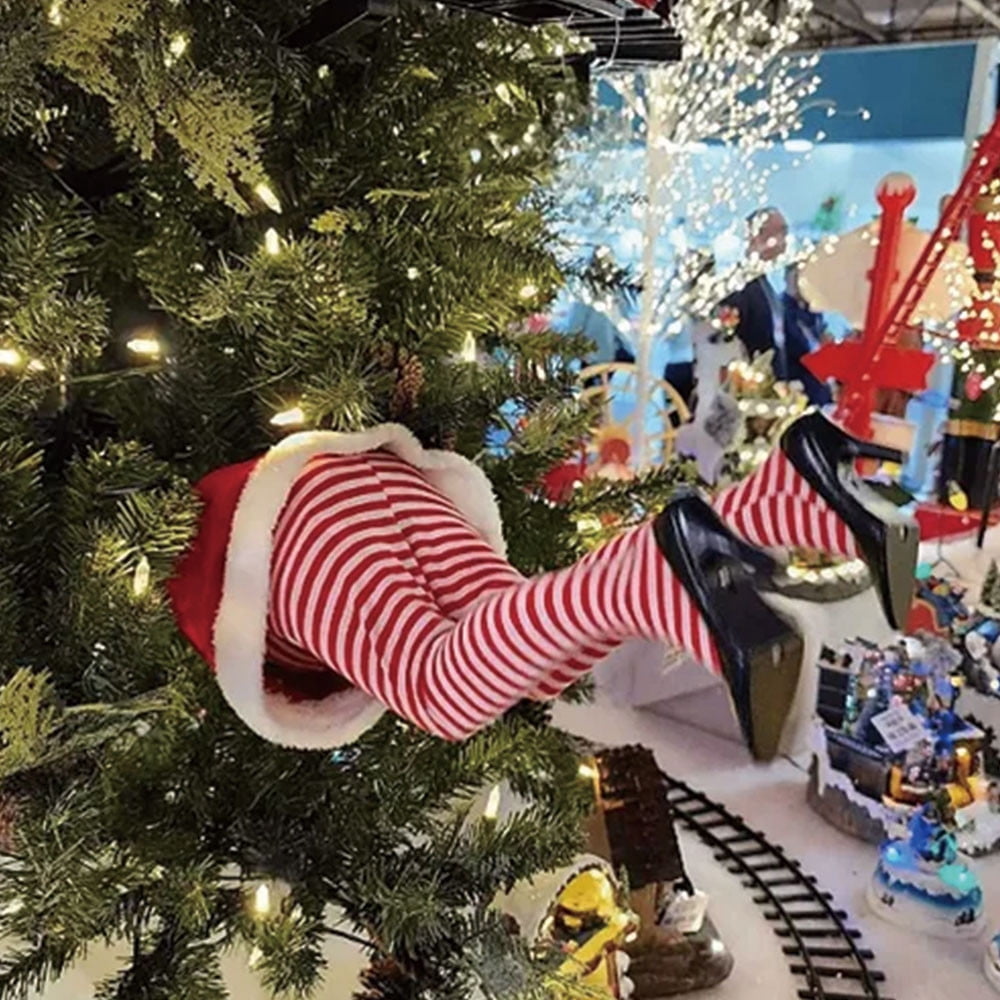 3Pcs Christmas Decroations, Santa Legs for Christmas Tree, Christmas Tree Swinging & Kicking Legs, Funny Santa Stuffed Leg Stuck in Tree Topper for Christmas Tree Decor & Home New Year Party Decor
