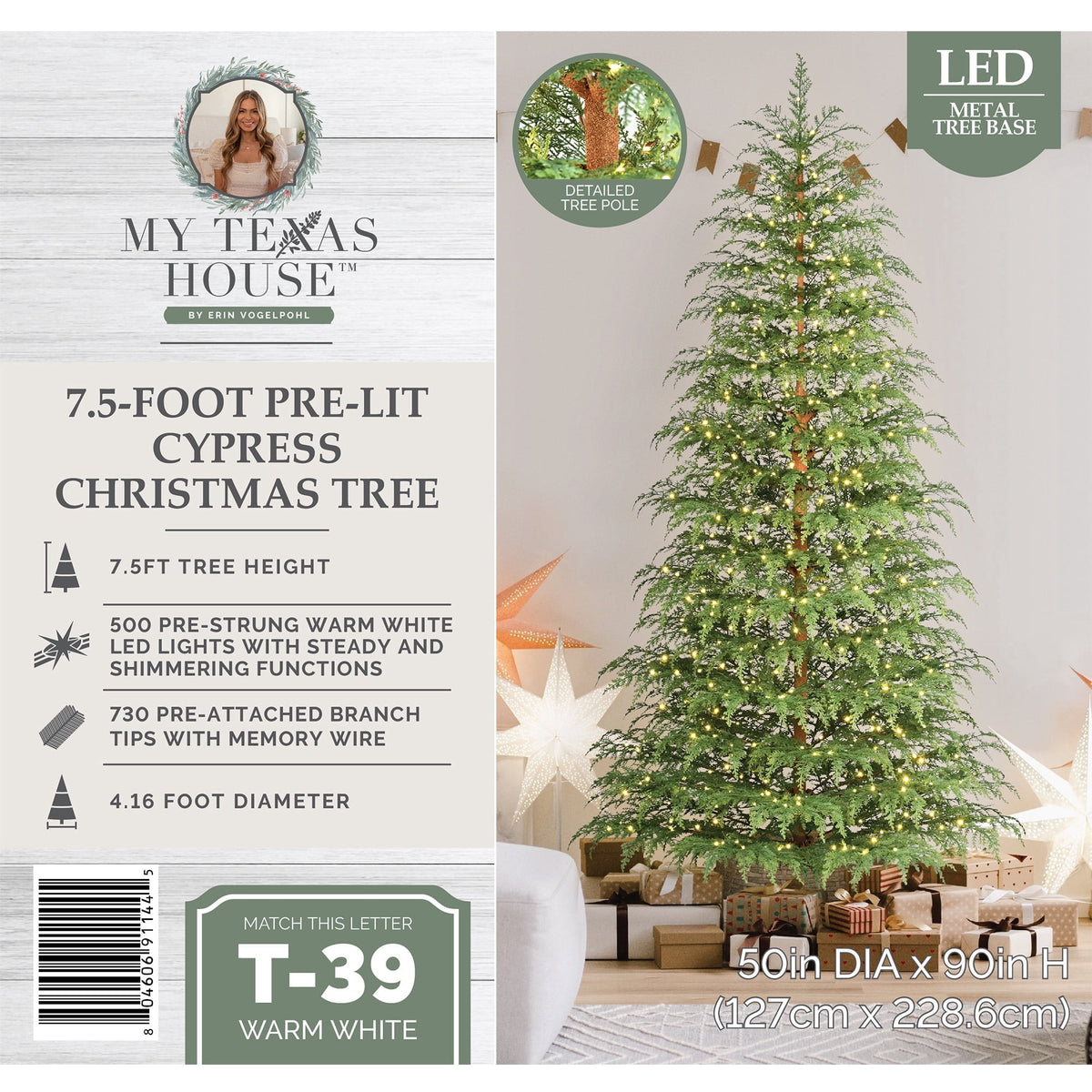 My Texas House 7.5' Pre-Lit Cypress Green Artificial Christmas Tree with 500 Warm White Twinkle LED Lights and Stand