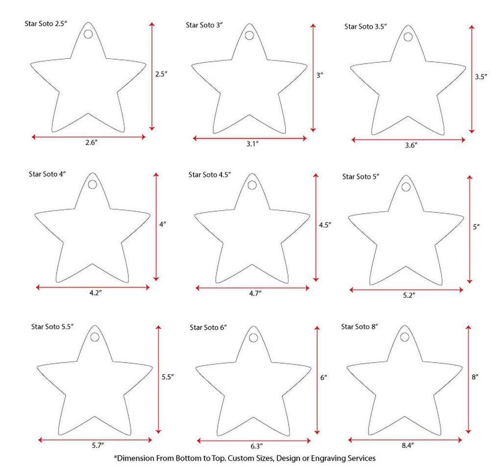 25 Units Acrylic Christmas Ornaments Star Soto 1/8" Thick - Clear or Solid Color - (Size 5") Made in USA