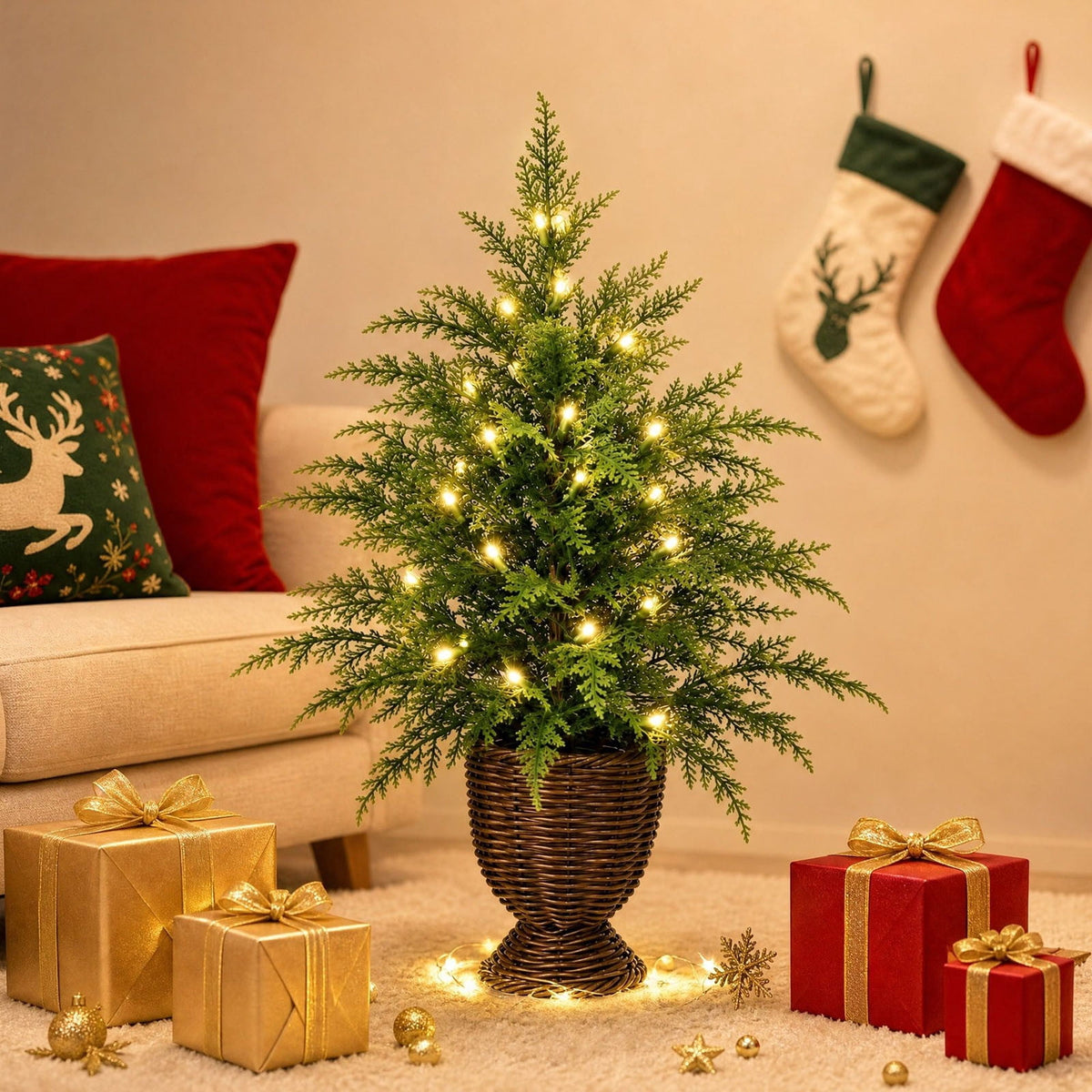 Potted Christmas Tree, 47 Inch Artificial Spruce With Woven Basket And Warm White LED Lights, For Entryway, Living Room, Porch - Style 1 - 47 Inch