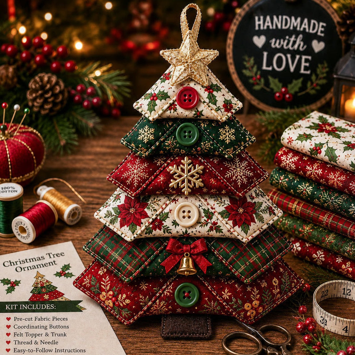 6 Pack Quilted Fabric Christmas Tree Ornament DIY Craft Set, Patchwork Xmas Tree Hanging Decoration with Buttons & Star for Farmhouse Holiday Decor