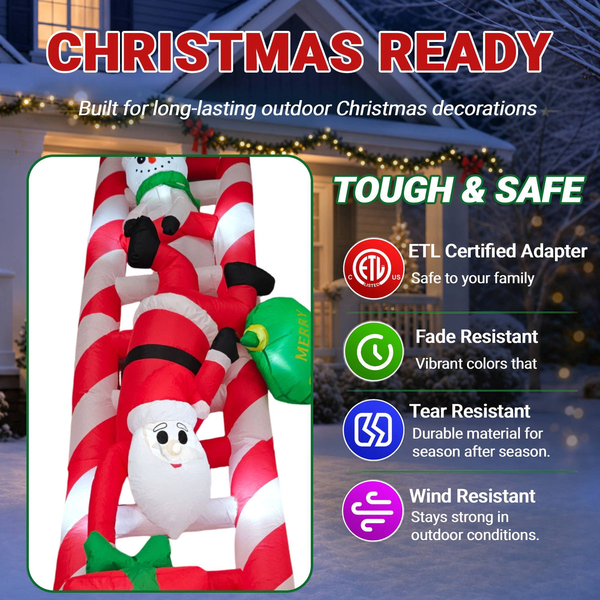 12FT Giant Christmas Inflatables Outdoor Decorations, Giant Christmas Blow up Ladder Built in LED Lights, Xmas Inflatable Decor Holiday Party Yard Garden Lawn