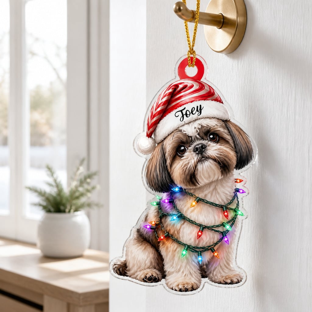 Ornament Custom Name Sitting Shih Tzu Dog Santa Hat Flat 2D Christmas Tree Hanging Decor for Pet Lovers