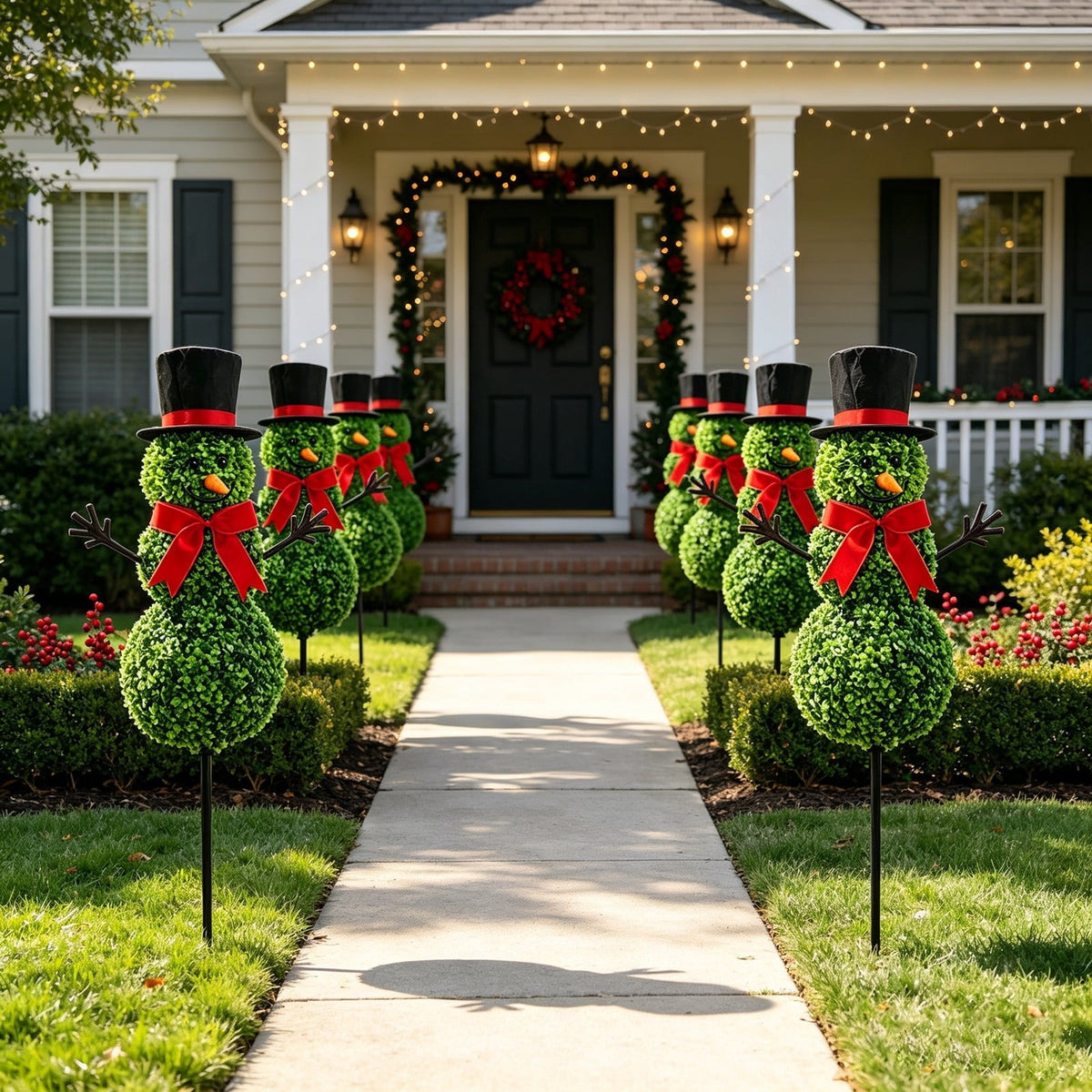 Christmas Snowman Topiary, Artificial Snowman Shaped Boxwood Tree with Santa Hat, Topiary for Outdoor Indoor Porch Decor Holiday Home and Garden Styling